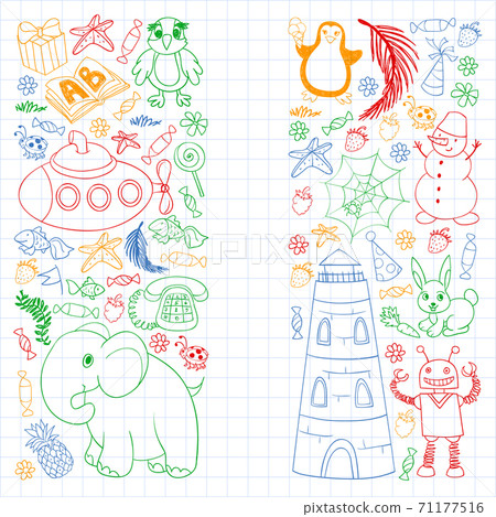 Vector kindergarten pattern with animals and toys. Illustration for little boys and girls. Vector kindergarten pattern with animals and toys. Illustration for little boys and girls. 71177516