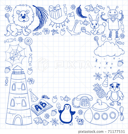 Vector kindergarten pattern with animals and toys. Illustration for little boys and girls. Vector kindergarten pattern with animals and toys. Illustration for little boys and girls. 71177531
