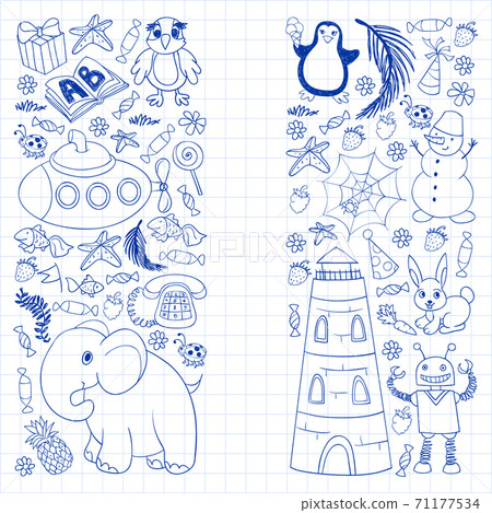 Vector kindergarten pattern with animals and toys. Illustration for little boys and girls. Vector kindergarten pattern with animals and toys. Illustration for little boys and girls. 71177534