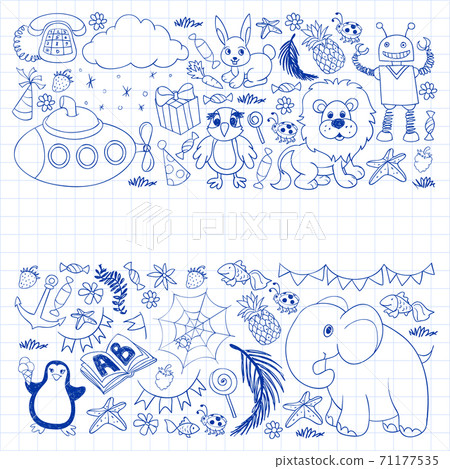 Vector kindergarten pattern with animals and toys. Illustration for little boys and girls. Vector kindergarten pattern with animals and toys. Illustration for little boys and girls. 71177535