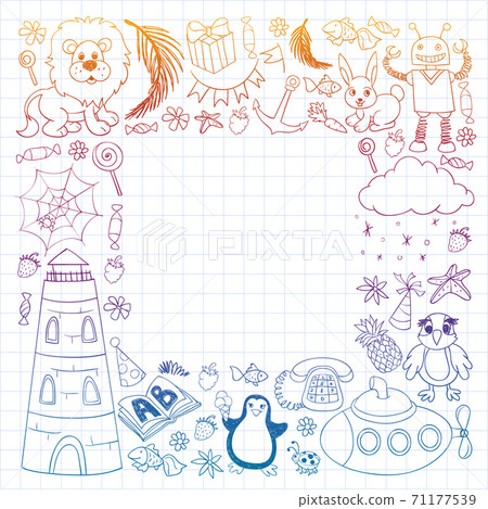 Vector kindergarten pattern with animals and toys. Illustration for little boys and girls. Vector kindergarten pattern with animals and toys. Illustration for little boys and girls. 71177539
