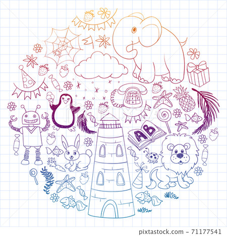 Vector kindergarten pattern with animals and toys. Illustration for little boys and girls. Vector kindergarten pattern with animals and toys. Illustration for little boys and girls. 71177541