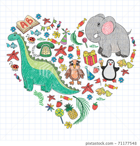 Vector kindergarten pattern with animals and toys. Illustration for little boys and girls. Vector kindergarten pattern with animals and toys. Illustration for little boys and girls. 71177548