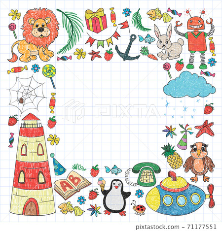 Vector kindergarten pattern with animals and toys. Illustration for little boys and girls. Vector kindergarten pattern with animals and toys. Illustration for little boys and girls. 71177551