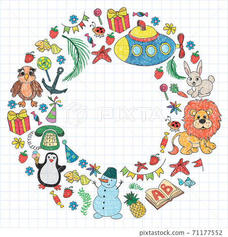 Vector kindergarten pattern with animals and toys. Illustration for little boys and girls. Vector kindergarten pattern with animals and toys. Illustration for little boys and girls. 71177552