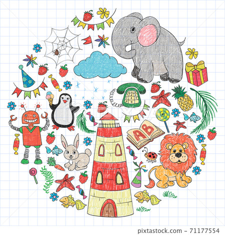Vector kindergarten pattern with animals and toys. Illustration for little boys and girls. Vector kindergarten pattern with animals and toys. Illustration for little boys and girls. 71177554