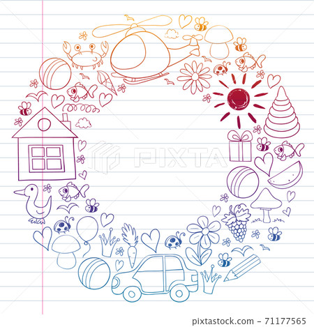 Vector kindergarten pattern with helicopter, house, toys, ship. Boys and girls online education. 71177565