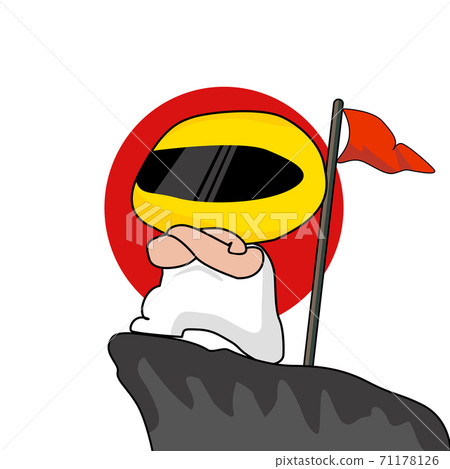A biker man with helmet crossed her arms standing on top of mountain with flag. sucess leadership, vector illustration concept 71178126