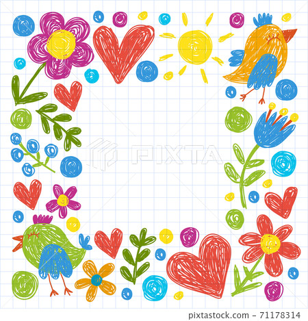 Children kindergarten pattern with flowers and birds. Kids floral vector llustration. 71178314
