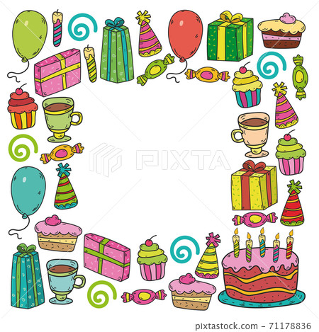 Happy birthday pattern. Set of vector birthday party elements. 71178836