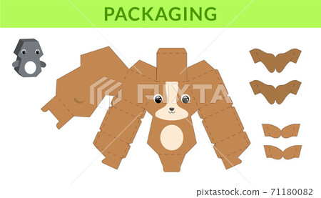 Party favor die cut dog box for birthdays, baby showers for sweets, candies, small presents, bakery. Retail box blueprint template design. Print, cutout, fold, glue. Vector stock illustration. 71180082