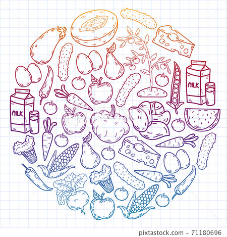 Vector pattern. Healthy eco organic food. Vegetables, fruits, dairy, milk. Linear graphic. Vector pattern. Healthy eco organic food. Vegetables, fruits, dairy, milk. Linear graphic. 71180696