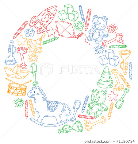 Icons for little boys and girls. Hand drawn children drawings pattern. Kindergarten toys background. Vector illustration. 71180754