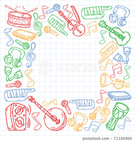 Vector music background with musical instruments. Rock, piano, guitar, jazz. Melody and microphone. Concert. 71180800