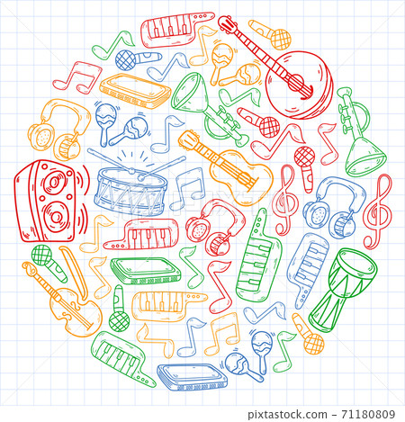 Vector music background with musical instruments. Rock, piano, guitar, jazz. Melody and microphone. Concert. Vector music background with musical instruments. Rock, piano, guitar, jazz. Melody and microphone. Concert. 71180809