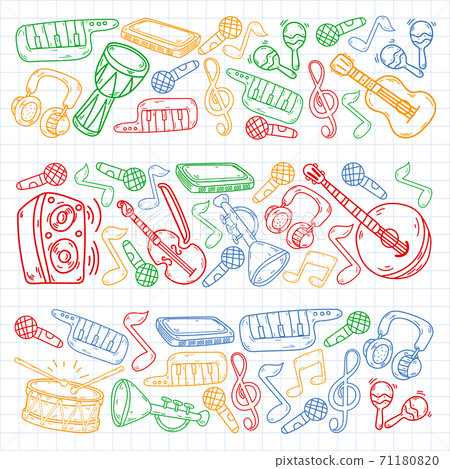 Vector music background with musical instruments. Rock, piano, guitar, jazz. Melody and microphone. Concert. 71180820