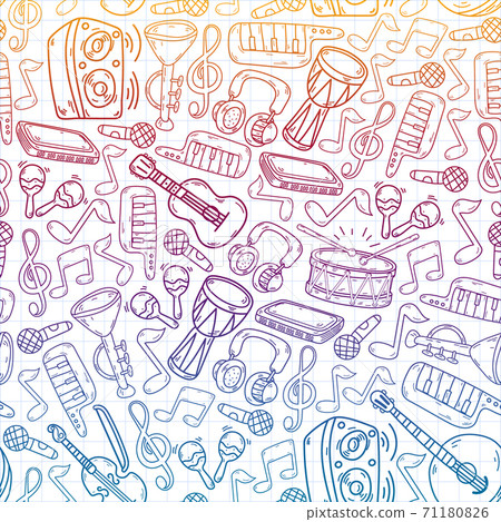 Vector music background with musical instruments. Rock, piano, guitar, jazz. Melody and microphone. Concert. 71180826