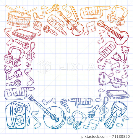 Vector music background with musical instruments. Rock, piano, guitar, jazz. Melody and microphone. Concert. 71180830