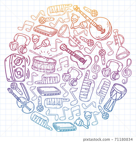 Vector music background with musical instruments. Rock, piano, guitar, jazz. Melody and microphone. Concert. 71180834