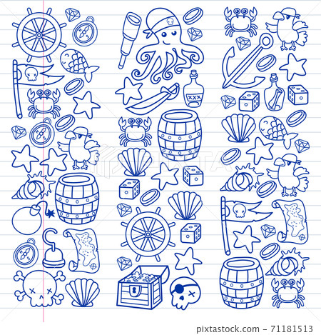 Children pirate party. Symbols of piracy - hat, swords, guns, treasure chest, ship, black flag, jolly roger emblem, skull and crossbones, compass. 71181513