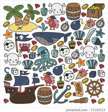 Children pirate party. Symbols of piracy - hat, swords, guns, treasure chest, ship, black flag, jolly roger emblem, skull and crossbones, compass. 71181515