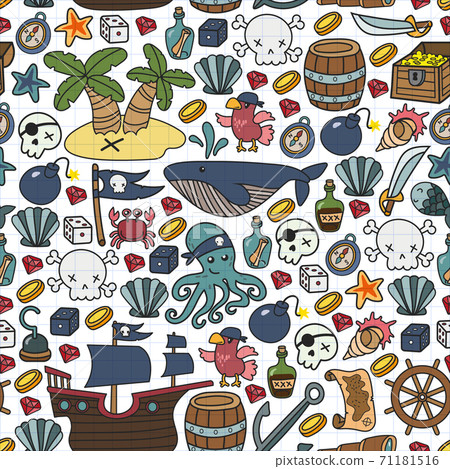 Children pirate party. Symbols of piracy - hat, swords, guns, treasure chest, ship, black flag, jolly roger emblem, skull and crossbones, compass. 71181516