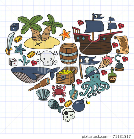 Children pirate party. Symbols of piracy - hat, swords, guns, treasure chest, ship, black flag, jolly roger emblem, skull and crossbones, compass. Children pirate party. Symbols of piracy - hat, swords, guns, treasure chest, ship, black flag, jolly roger emblem, skull and crossbones, compass. 71181517