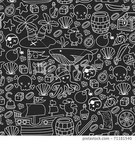 Children pirate party. Symbols of piracy - hat, swords, guns, treasure chest, ship, black flag, jolly roger emblem, skull and crossbones, compass. 71181540