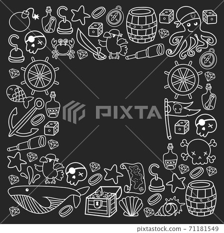 Children pirate party. Symbols of piracy - hat, swords, guns, treasure chest, ship, black flag, jolly roger emblem, skull and crossbones, compass. Children pirate party. Symbols of piracy - hat, swords, guns, treasure chest, ship, black flag, jolly roger emblem, skull and crossbones, compass. 71181549