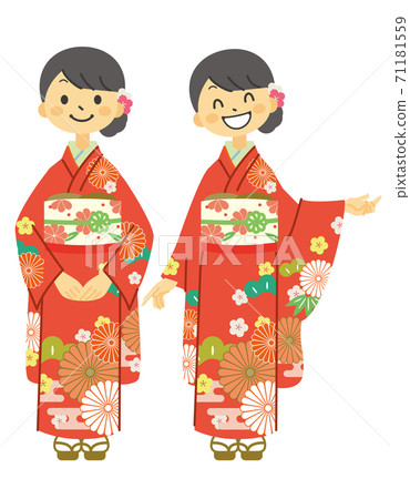 2 poses of a woman in furisode - Stock Illustration