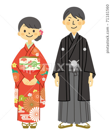 A woman in furisode and a man in hakama 71181560