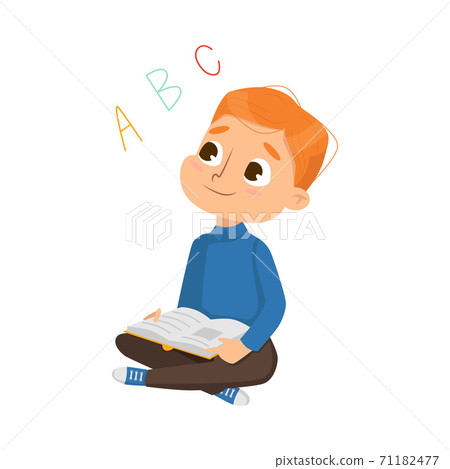 Little Boy Sitting with Book Learning Alphabet Letters Vector Illustration Little Boy Sitting with Book Learning Alphabet Letters Vector Illustration 71182477