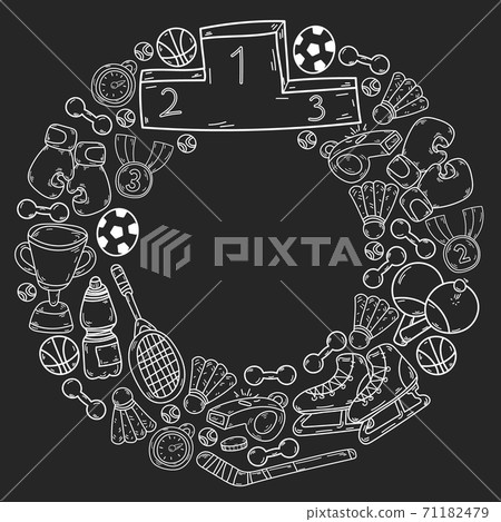 Vector pattern with sport elements. Fitness, games, exercises. Doodle icons in kids drawing style Vector pattern with sport elements. Fitness, games, exercises. Doodle icons in kids drawing style 71182479