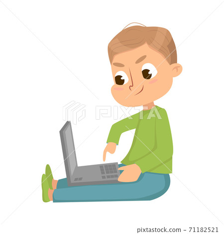Cute Boy Sitting with Laptop Studying Computer Science Vector Illustration Cute Boy Sitting with Laptop Studying Computer Science Vector Illustration 71182521
