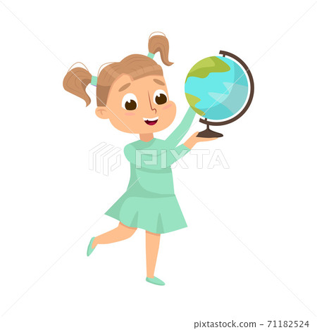 Cute Girl Holding Globe Studying Geography Vector Illustration 71182524