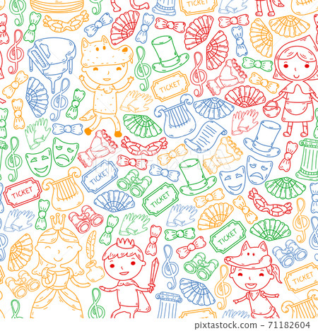 Perfomance, theatre with little children. Kindergarten kids in fairy tale scenes. Young actors perfoming Red Riding Hood and Shakespeare Hamlet. Robin hood costume. 71182604