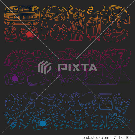 Vector pattern with travel icons. Great vacation, holidays. Hot air balloon, suitcase. Adventures and travel. 71183103