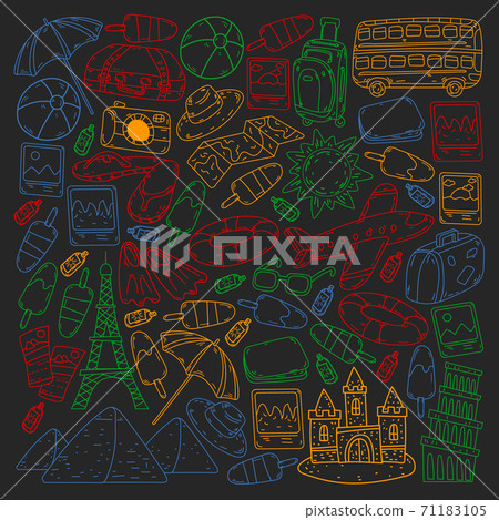 Vector pattern with travel icons. Great vacation, holidays. Hot air balloon, suitcase. Adventures and travel. 71183105