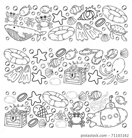 Diving pattern with children. Octopus, whale. Summer adventure with pirates and treasures. Swimming and underwater adventure. 71183162