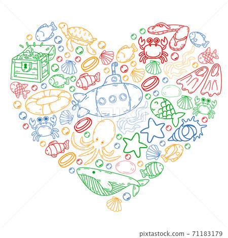 Diving pattern with children. Octopus, whale. Summer adventure with pirates and treasures. Swimming and underwater adventure. Diving pattern with children. Octopus, whale. Summer adventure with pirates and treasures. Swimming and underwater adventure. 71183179