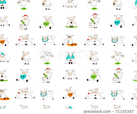 White ox. Symbol of chinese new year 2021. Seamless pattern, endless texture, wallpaper, print for holiday design. Funny cute kawaii bull, cow. Set of vector illustrations isolated on white background White ox. Symbol of chinese new year 2021. Seamless pattern, endless texture, wallpaper, print for holiday design. Funny cute kawaii bull, cow. Set of vector illustrations isolated on white background 71183387