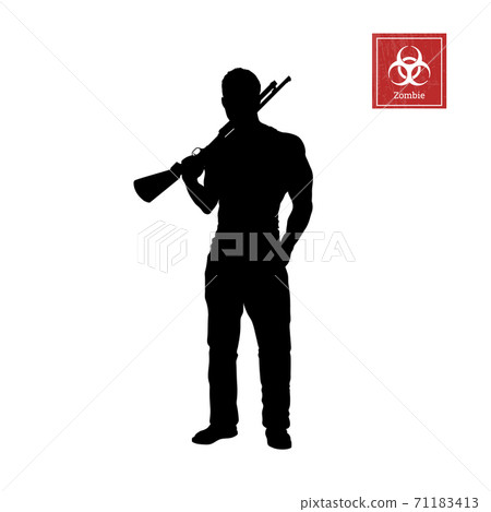 Black silhouette of man with shotgun on white background. Zombie shooter. Character for computer game or thriller. Hunter with rifle Black silhouette of man with shotgun on white background. Zombie shooter. Character for computer game or thriller. Hunter with rifle 71183413