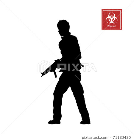 Black silhouette of man with rifle on white background. Zombie shooter. Character for computer game or thriller 71183420