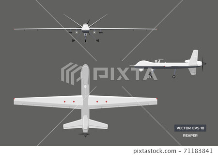 3d image of military drone. Top, front and side view. Army aircraft for intelligence and attack.  Industrial isolated drawing 71183841
