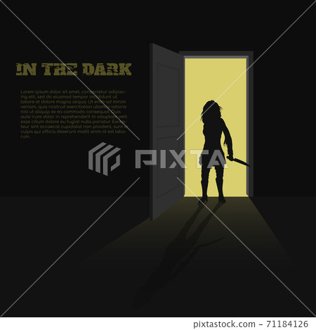 Black silhouette of woman with knife in hand on door background. A poster for book, game or movie. A terrible killer. Nightmare zombies 71184126