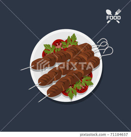 Icon of kebab with tomato on a plate. Top view. Restaurant dish. Meat food. Image of barbecue meal 71184637