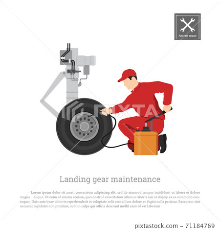 Repair and maintenance of aircraft. Engineer with hand pump for landing gear. Industrial drawing of plane part in flat style 71184769