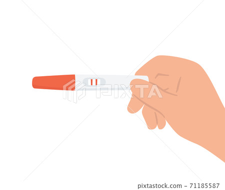 Pregnancy test with two red stripes in hand. Positive result. Checking pregnancy test. Flat vector illustration 71185587