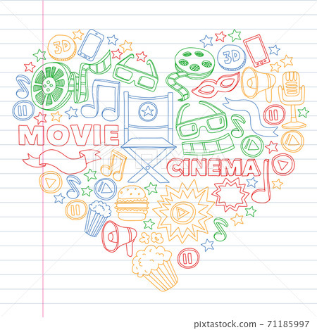 Cinema, movie, film doodles hand drawn sketchy vector symbols and objects Cinema, movie, film doodles hand drawn sketchy vector symbols and objects 71185997