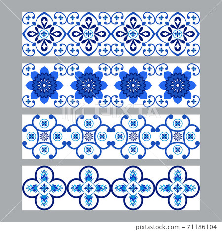 Set of azulejos portuguese traditional ornamental tile borders, blue and white pattern 71186104